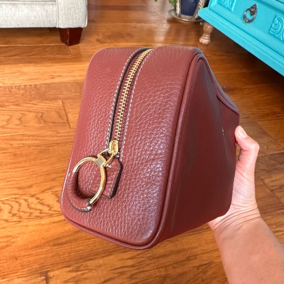 Coach Ellis Cosmetic Case Leather/Nylon Twill In Wine/Gold Color - Picture 8 of 9